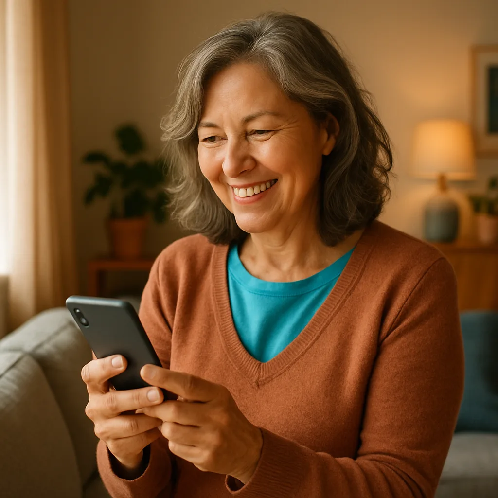 Smiling woman confidently checking her phone — verified profiles on The Isle of Wight Dating Site